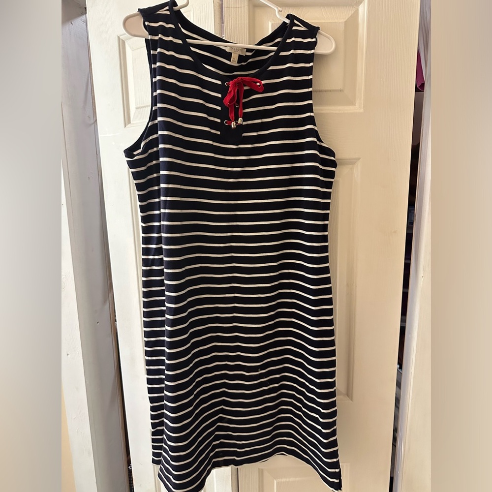 Talbots Navy blue & white Striped Sleeveless Dress with Red Accent